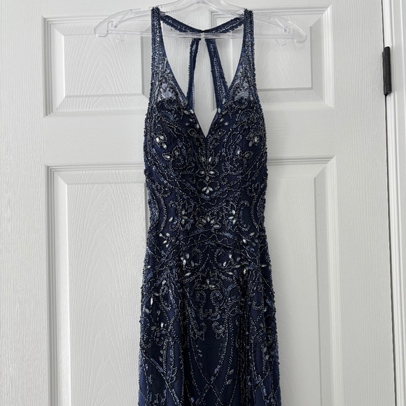 Small Navy blue hand beaded sheer formal dance dress - Picture 1 of 9